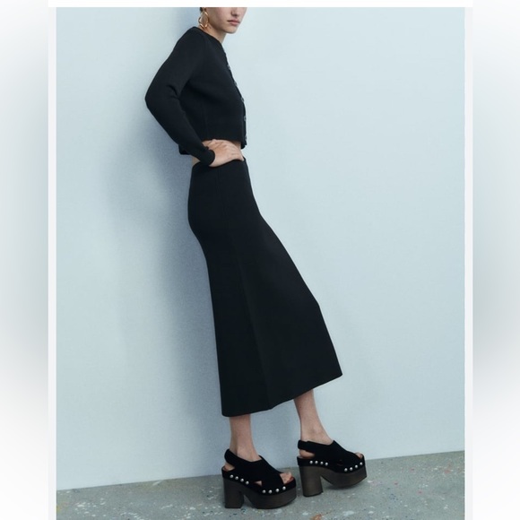 Zara Black High waisted Knit Midi Pencil Skirt elastic waistband Back Slit S NWT - Picture 12 of 16